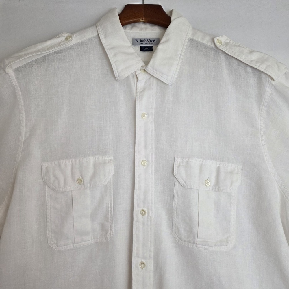 Bullock & Jones Mens Safari  White Shirt Epaulets Button Down Linen Blend XL